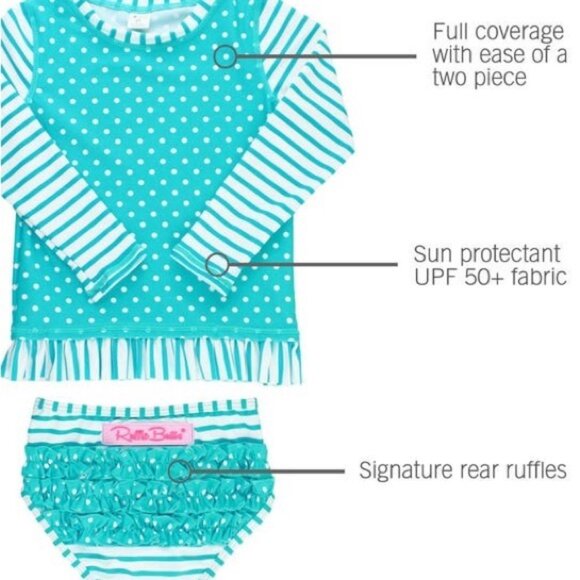 RuffleButts | Blue & White Long Sleeve Rash Guard Bikini | Size 12-18 Months - Picture 4 of 12